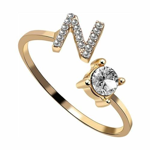 Zivom Initial Letter Alphabet N Cubic Zirconia Gold Copper Free Size Ring For Women