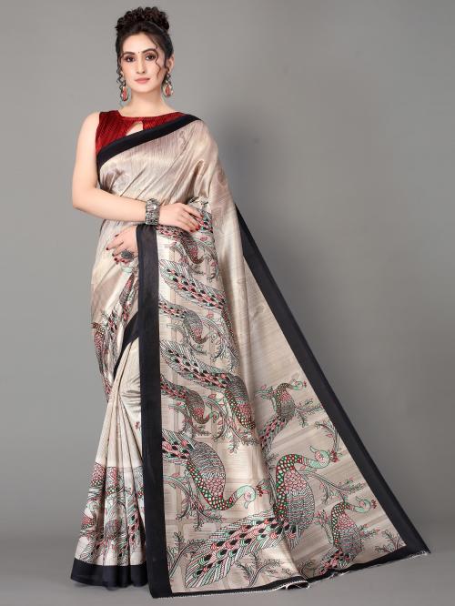 SVENJA Beige & Black Mysore Silk Saree with Blouse Piece | sarees for women | saree |sarees | silk blend sarees for women
