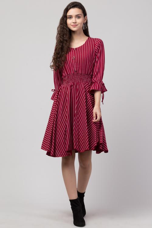 LOUSRICS WOMEN RED FIT AND FLARE RYON DRESS