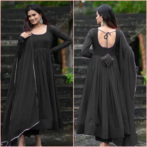 Thapnath Woman Fit & Flared Black Dress With Dupatta