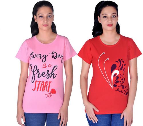 CHOZI Women Multicolor Printed Cotton Blend Pack of 2 T-Shirt
