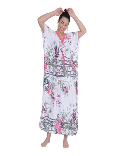 KAVYANKA Digital Art Print Relaxed Satin Kaftan Nighty Pink Colour