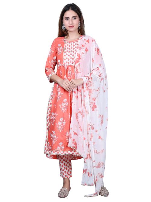Dhaarini Women Summer Cotton Nyra Cut Embroidery Neck Printed Kurti Pant and Dupatta Set Embroidery Work (Rani::Peach, M)
