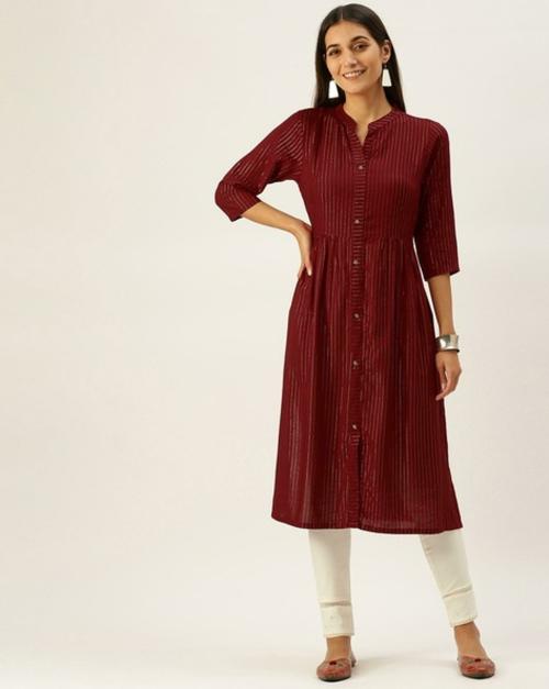 VEDIC Women Red Striped Liva A-Line Kurta (XL)