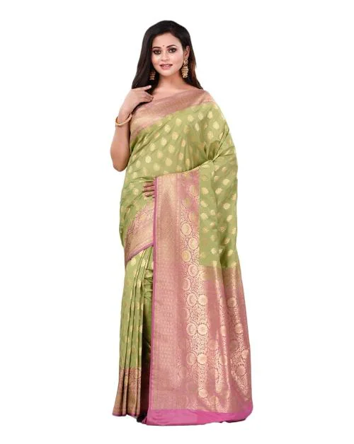 Naeusa Benarasi Jangla Jaaal Contarst Border Silk Saree With Unstiched Blouse