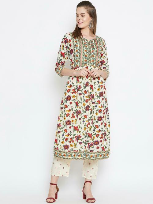 Prakhya Women Cream Printed Pure Cotton Kurta Pant Set