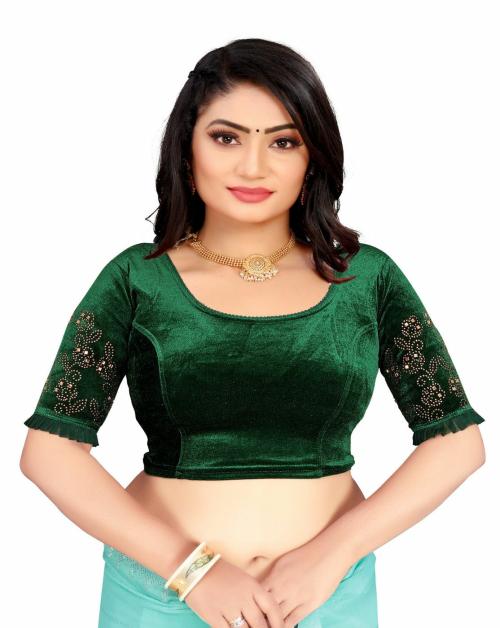 DS MAHAKAL Round Neck Women Velvet With Stone Work Blouse (Green)