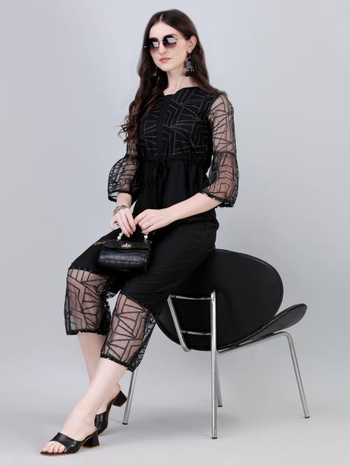 Modestouze Attires, Women's Fashion Zari printed Net Fabric Jumpsuit (BLACK).