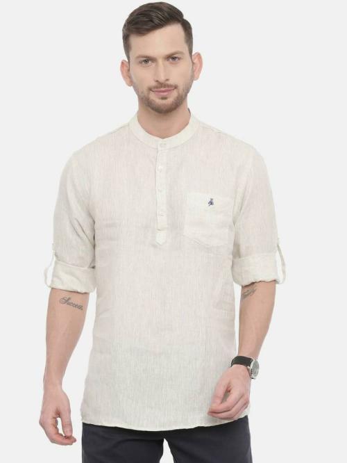 Khoday Williams Men Beige Solid Pure Linen Straight Kurta - L