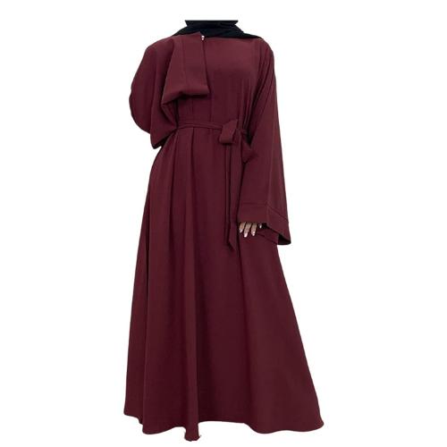 Barakath Dubai Long Muslim Women Islamic Dresses Plain Simple Abaya With Belt Style_Maroon_XL