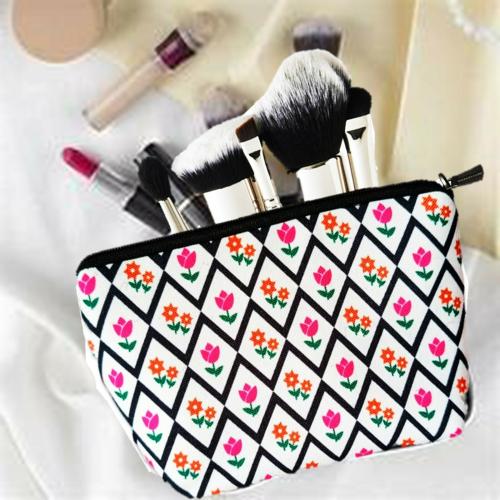 Jellify White Floral Printed Makeup Pouch | Cosmetic Bag | Cosmetic Pouch| Travel Kit Storage