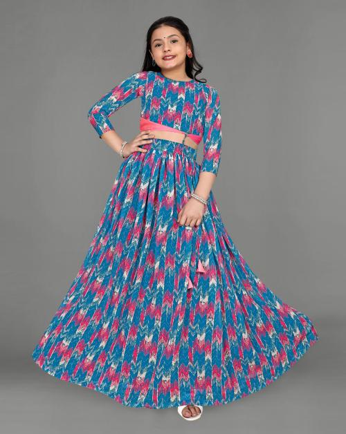Fashion Dream Girls Teal Blue Digital Printed Georgette Lehenga Choli Set | Girls Lehenga Choli | Girls Ethnic Wear | Lehenga Choli | Readymade Lehenga Choli | Ghagra Choli | Lehenga Choli For Girls