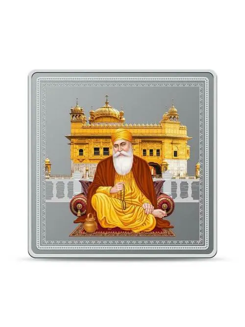 Kundan 999.9 Pure Guru Nanak Dev Ji with Golden Temple Silver Bar Acrylic Edition, 50 g