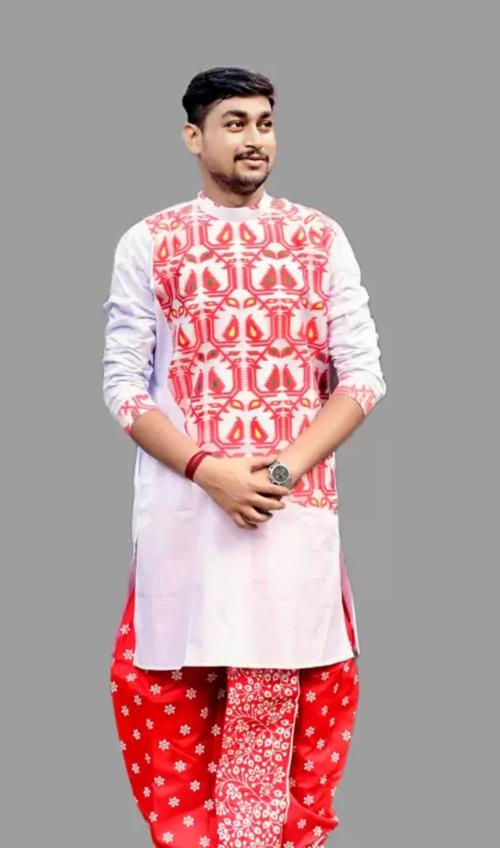 Needle Men Self Design Pure Cotton Ethnic Dress White Red