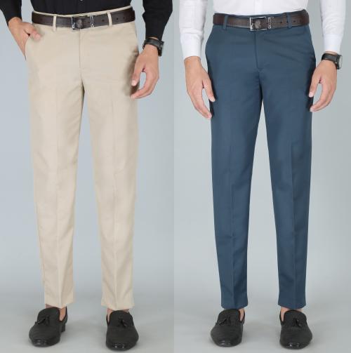Kurus Men's Beige & Morepitch, Solid, Cotton Blend Formal Trouser For Mens