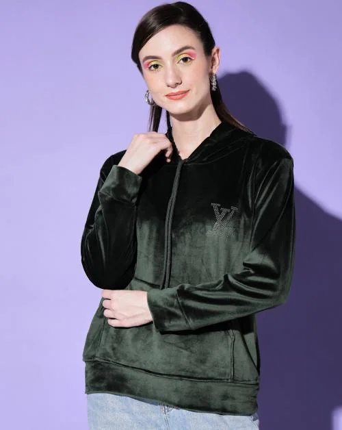 BuyNewTrend Dark Green Velvet Solid Women Hoodie Sweatshirt