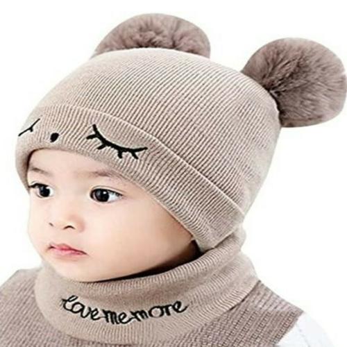 Tomkot kids wollen cap neck set cute baby eye warm cap set pack of 1