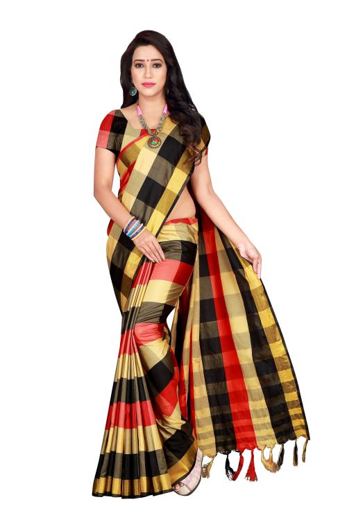 LUXVANI Checkered Daily Wear Cotton Silk Saree (Multicolor)