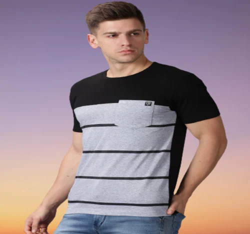 THE FASHION FACTORY Men Striped Round Neck Cotton Blend Black, Grey T-Shirt-D