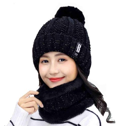 Navkar Crafts Women's Winter Hat Solid Warm Beanie Hat and Muffler Scarf Two-Piece Knit Cap Set for Women Girl Black