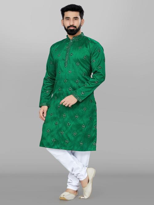 OUTLUK Traditional Indian Dark Green Colour Kurta With Embroidery Work And Raymond Cotton Pajama set