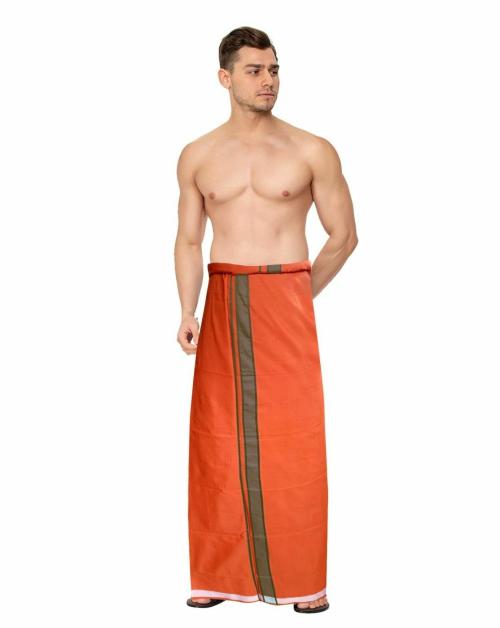 Feather Green Men Orange Solid Cotton Blend Open Lungi - Free Size