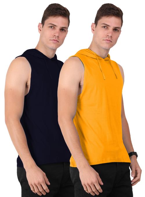 THE BLAZZE Men's Cotton Hooded Sleeveless Gym Tank Gym Stringer Tank Top Muscle Gym Bodybuilding Vest T-Shirt Combo Pack of 2