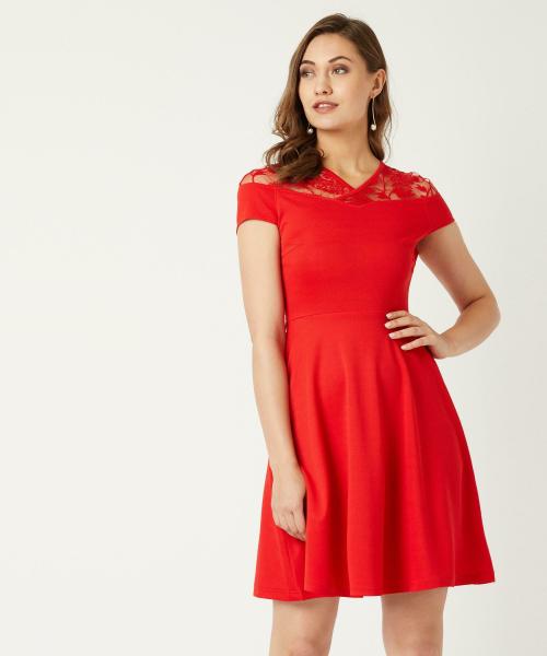 Miss Chase Women Red Floral Polyester Single Dress