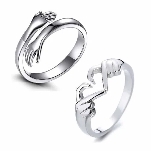 SILVER SHINE Silver Plated Love Gesture Couple Hands Heart Hug Me Thumb Finger Ring