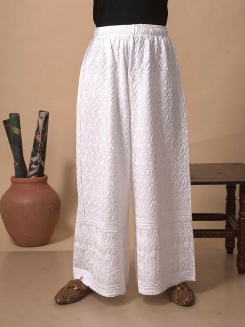 Lyra Women's Chikankari Rayon Palazzo Pants(White)