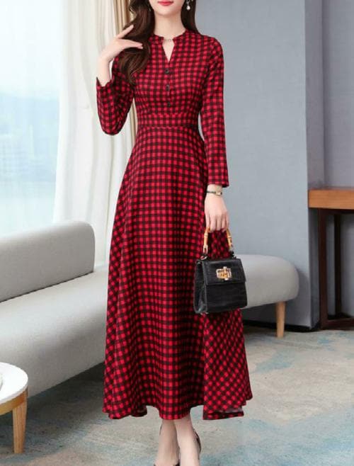 Fashion triangle Women Red Cotton Blend Checkered Dress (S)