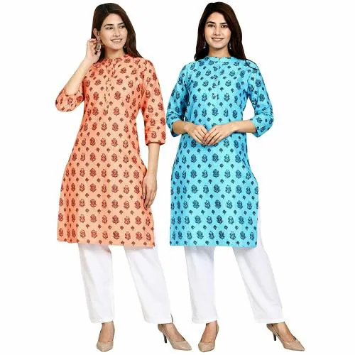 Buy AROOPA Women Orange and Blue Solid Cotton Kurti (Pack of 2) Online ...