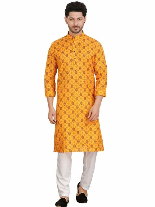 Encino Mens Yellow Printed Cotton Angad Collection Kurta Suit