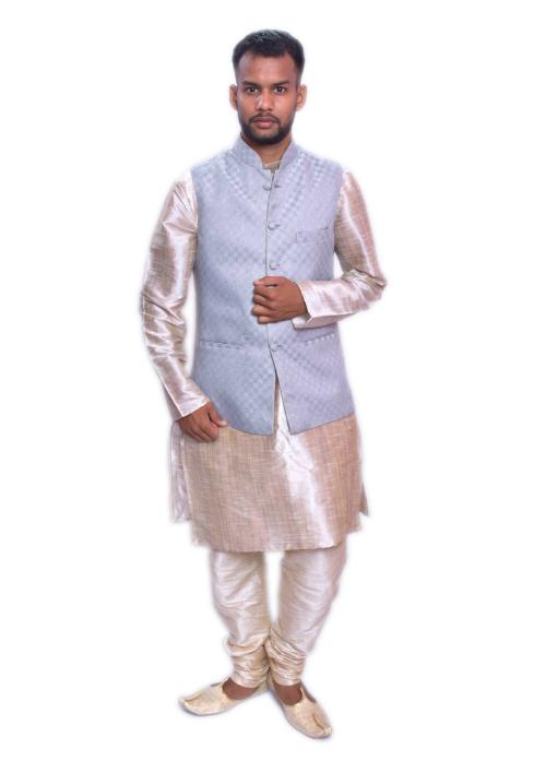 Mag Men's Double Tone Matching Kurta Churidar With Designer Gray 1st Waistcoat