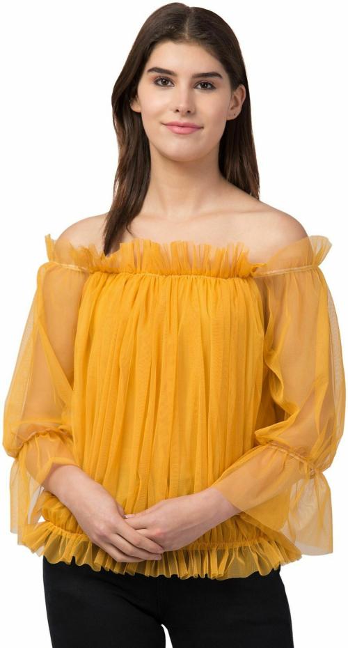 Meetnex Women Yellow Net Top
