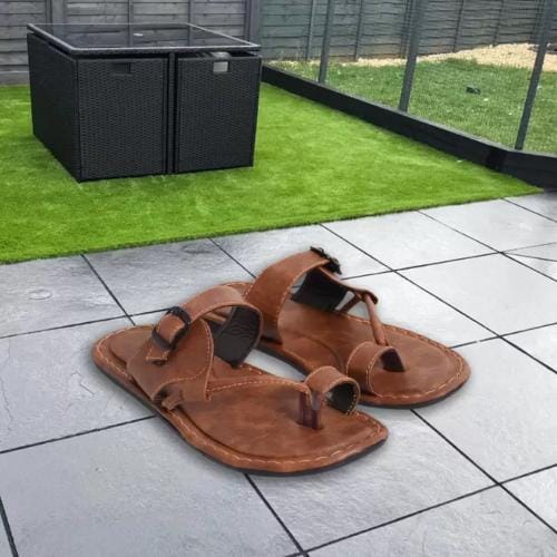 STYLE HEIGHT Men Leather Slipper Durable Comfortable Synthetic Leather Slip On Flipflop Slippers for Daily Use Outdoor/ Indoor - Brown