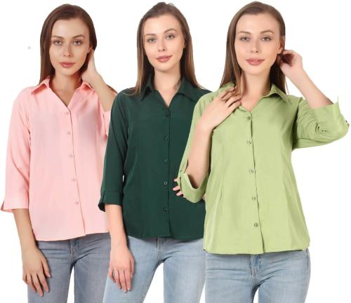 HUNOOR Womens Dark Green, Light Green, Pink Solid Crepe Pack of 3 Casual Shirt l women shirt l casual shirt for women