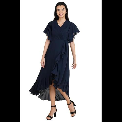 WOWNOON Women's Georgette Print V-Neck Frill Dress Crafted with Comfort Fit and High Performance for Everyday Wear_(Colour-Navy Blue)
