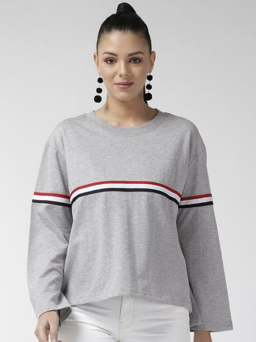 Pluss Women Grey Striped Wool Blend Round Neck T-Shirt (M)