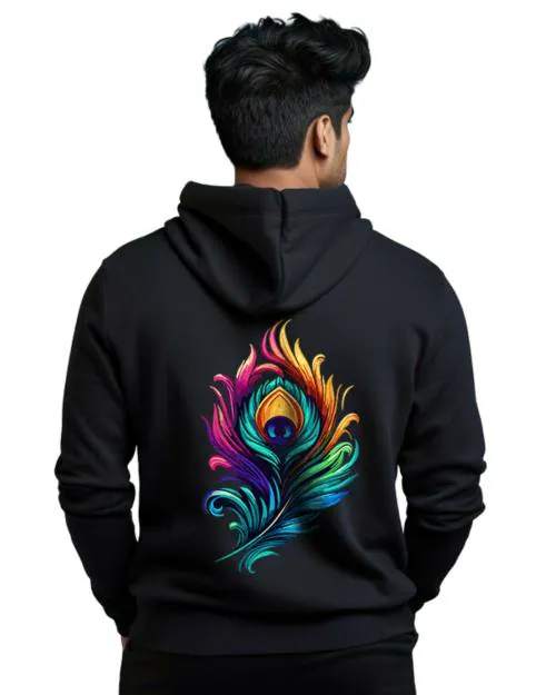 Prabhubhakti Solid Black Peacock Feather Printed Pullover Full Sleeve Hoodies Full for Men