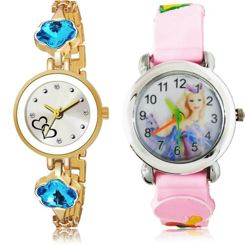 NEUTRON Treading Quartz Chain Bracelet Diamond And Doll Kids Gold And Pink Colour Analog Metal And Resin Belt 2 Watch Combo For Women And Girls - G600-G323