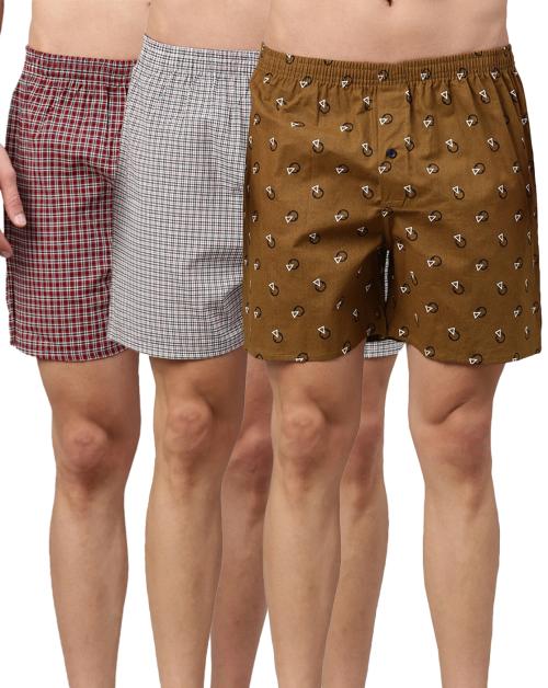 BROON Men's Multicolor Checkered Pure Cotton Pack of 3 Boxer Shorts