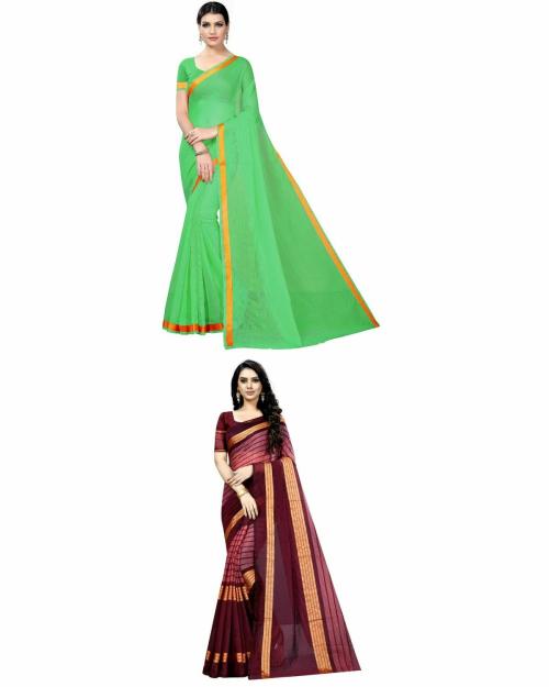 Vkaran Women's Green & Maroon Colour Cotton Silk Saree With Blouse pack of 2