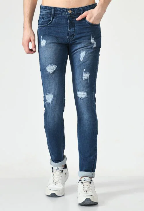 Stigo Men's Solid Slim Fit Denim Mid Rise Medium Faded Clean Look Distressed Regular Casual Jeans