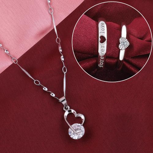 Silver Plated Solitaire Adjustable Couple Rings and Pendant Chain Valentine day Gift