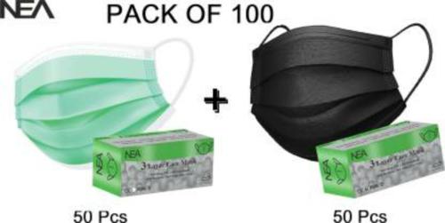 Nea Green And Black Surgical Mask With Melt Blown Fabric Layer - Pack of 100, 3 Ply