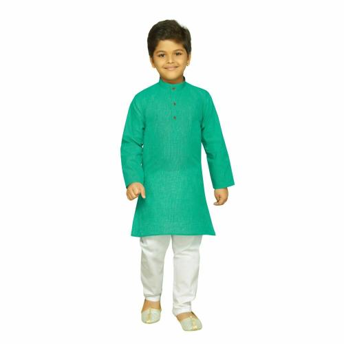 Baba & Baby Boys Traditional Ethnic Wear Handloom Cotton Plain Aqua Colour Kurta with White Pyjama Set (Aqua, 8-9 Years)