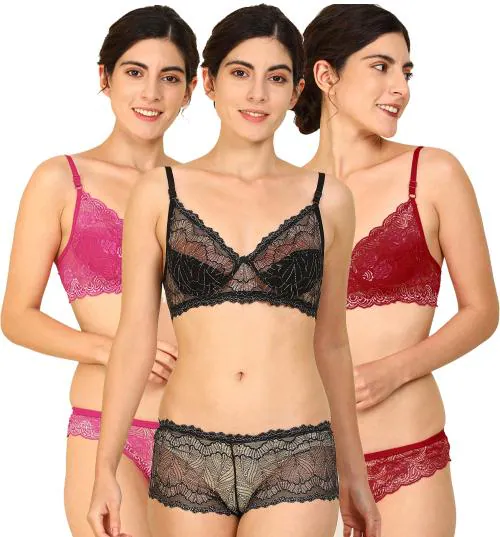 Samvar -Women Cotton Bra Panty Set for Lingerie Set ( Pack of 3 ) ( Color : Pink,Black,Maroon )