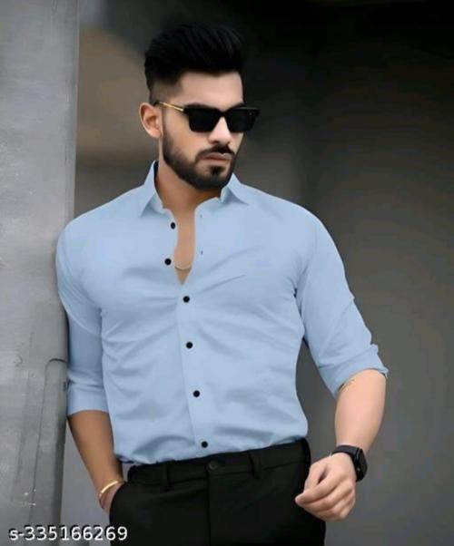 Jaime Creation Men Sky Blue Regular Fit Solid Lycra Casual Shirt (L)