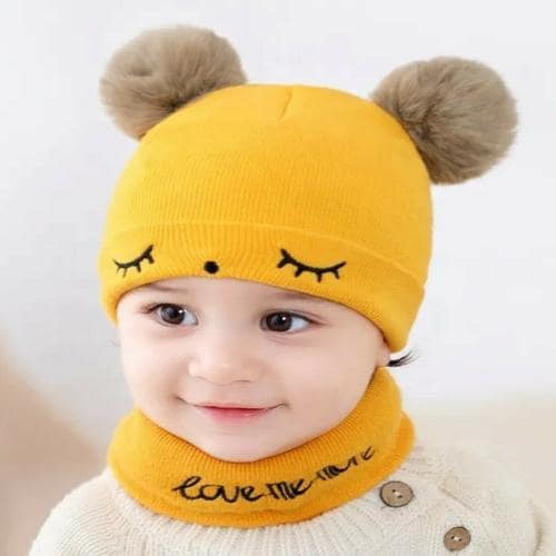 Tomkot kids wollen cap neck set cute baby eye warm cap set pack of 1